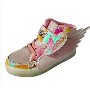 Girls Pink Iridescent Winged Light Up High Top Sneakers Sport SZ 33 (1.5) No Tie